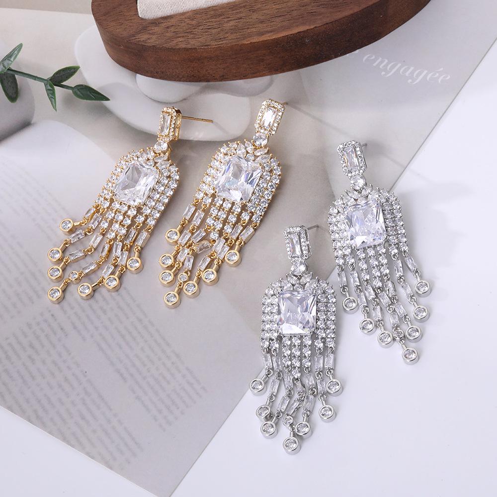 Elegant Zircon Tassel Silver Needle Earrings for Women's Banquet and Evening Dress