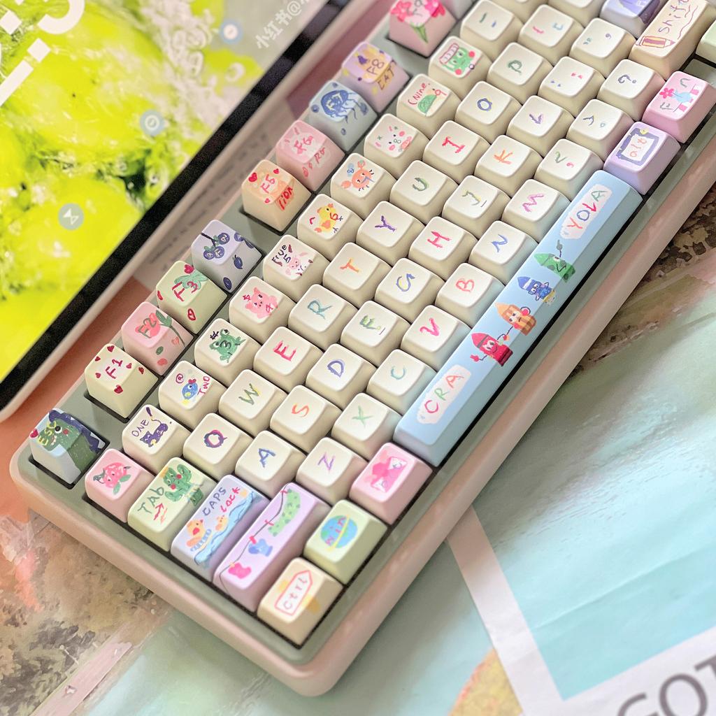 Childlike Keycaps Mda Pbt143 Key Hand-Painted Customized Diy Hi75 Cartoon Diy Pink White Keycaps