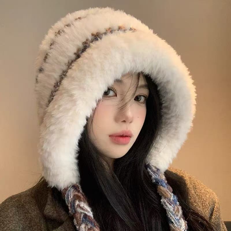 New Plush Hat Women's Autumn and Winter Warm Ear Protection Wool Hat Shows a Small Face Knitted Hat Bag Dual-purpose