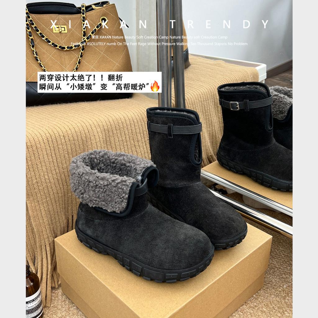 Ruodan, one boot and two wearing leather velvet warm snow boots for women's 2025 winter new short boots, fluffy cotton shoes