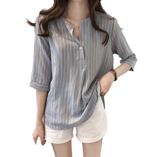 

Women Shirt Striped Print V-neck 3/4 Sleeves V Neck Elegant Summer Women Working Clothes Streetwear M сірий