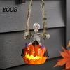 Spooky Haunted House Prop Swing Skeleton with Lighted Pumpkin, Light-up Ornament, Halloween Indoor Outdoor Party Decoration Hanging Statue for