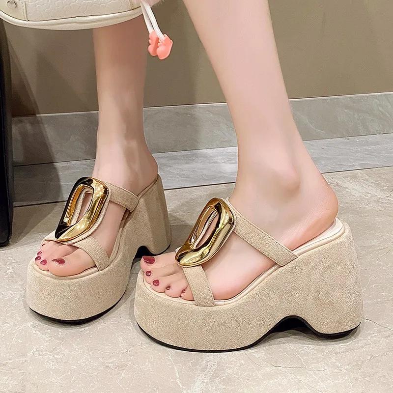 11CM Mode Dames Platform Slippers Hoge Hakken Comfortabele Sleehakken Strand Flip Flops Zomer Sandalen Dikke Leren Schoenen Vrouw