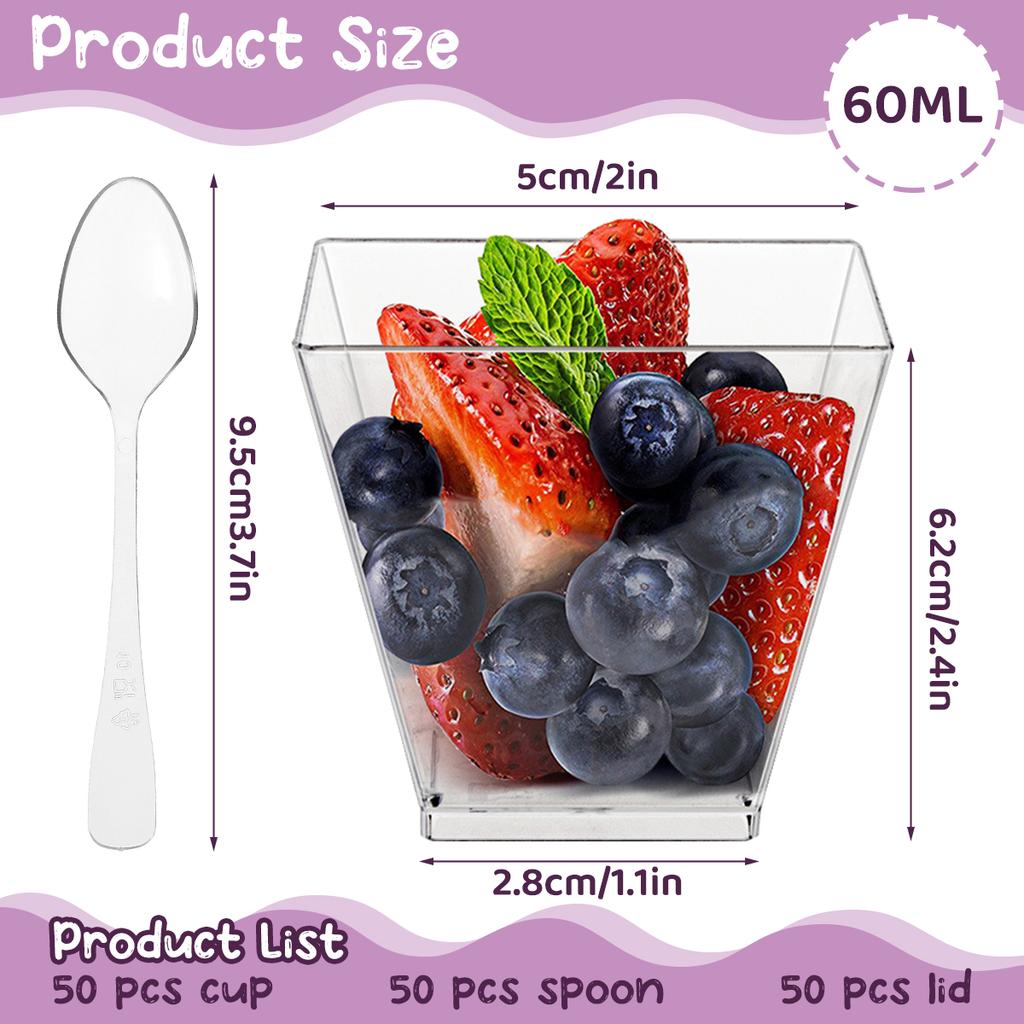 50 Stück Wiederverwendbare Plastik-Dessertbecher 60ml Klar Kuchen Eis Dessertbecher mit Deckeln Mini Löffel Vorspeise Dessert für Party Werkzeug
