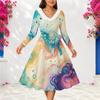 Women Plus Size V Neck Long Sleeve Black Golden Swirl Print Furry Trim Midi Dress