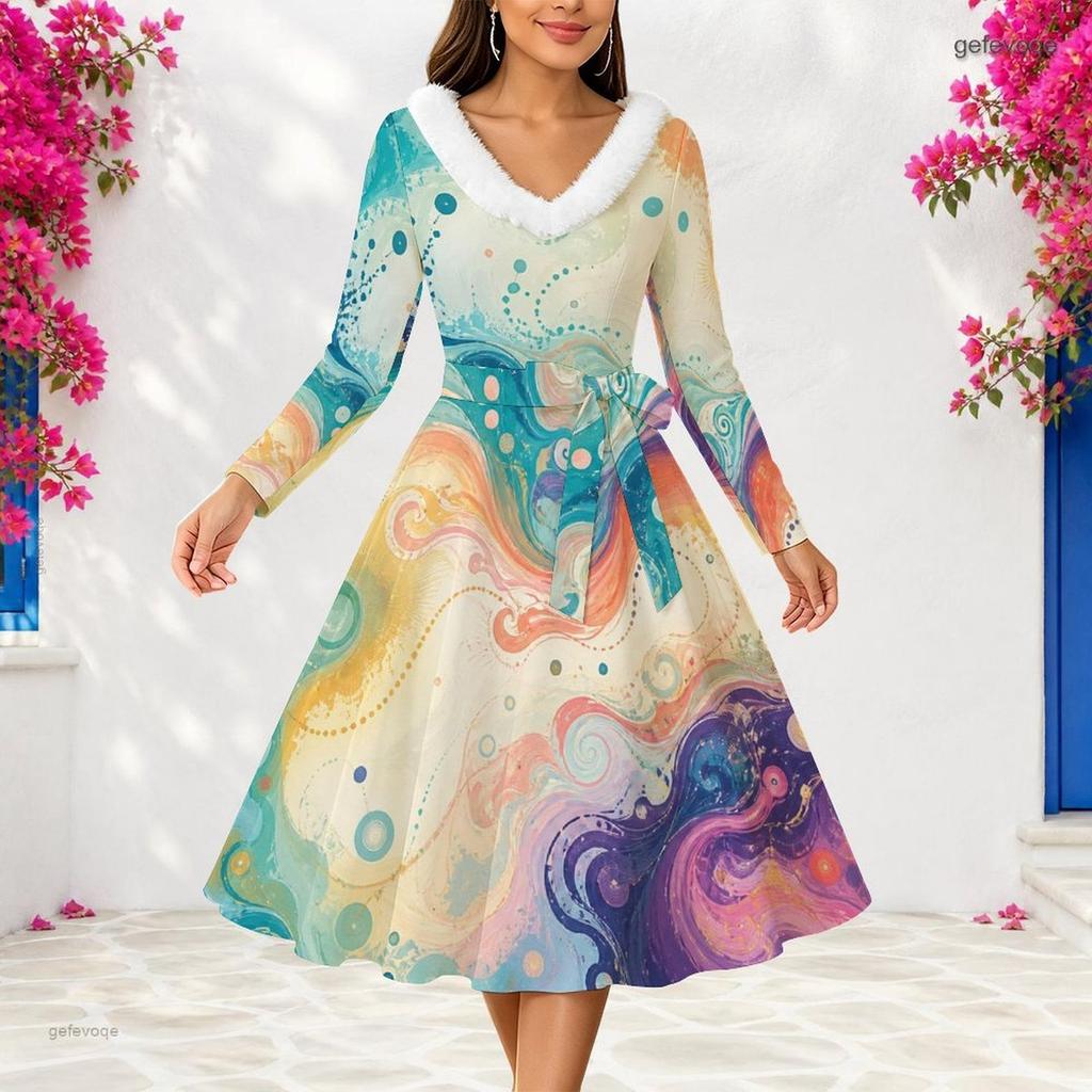 Women Plus Size V Neck Long Sleeve Black Golden Swirl Print Furry Trim Midi Dress
