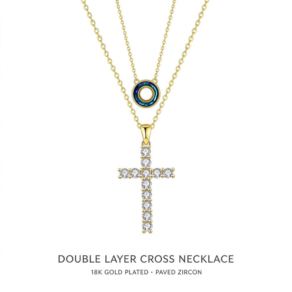 Double Layer Cross Pendant Necklace, 18K Gold Plated Paved Zircon Crucifix Choker, Stacked Faith Necklace for Women
