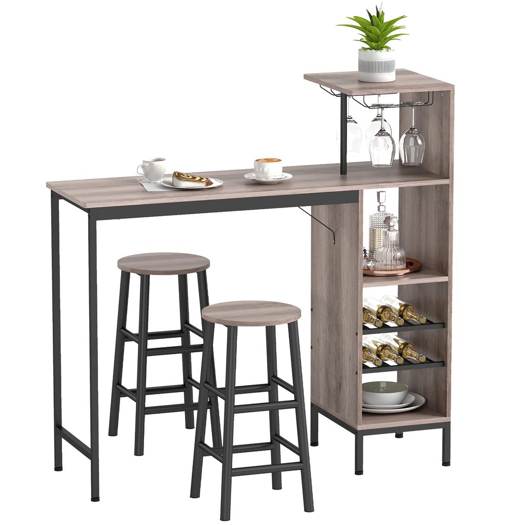 Bar Table and Stool Set, High Dining Table, 2 Bar Stools, Shelves, Wine Racks, Gray