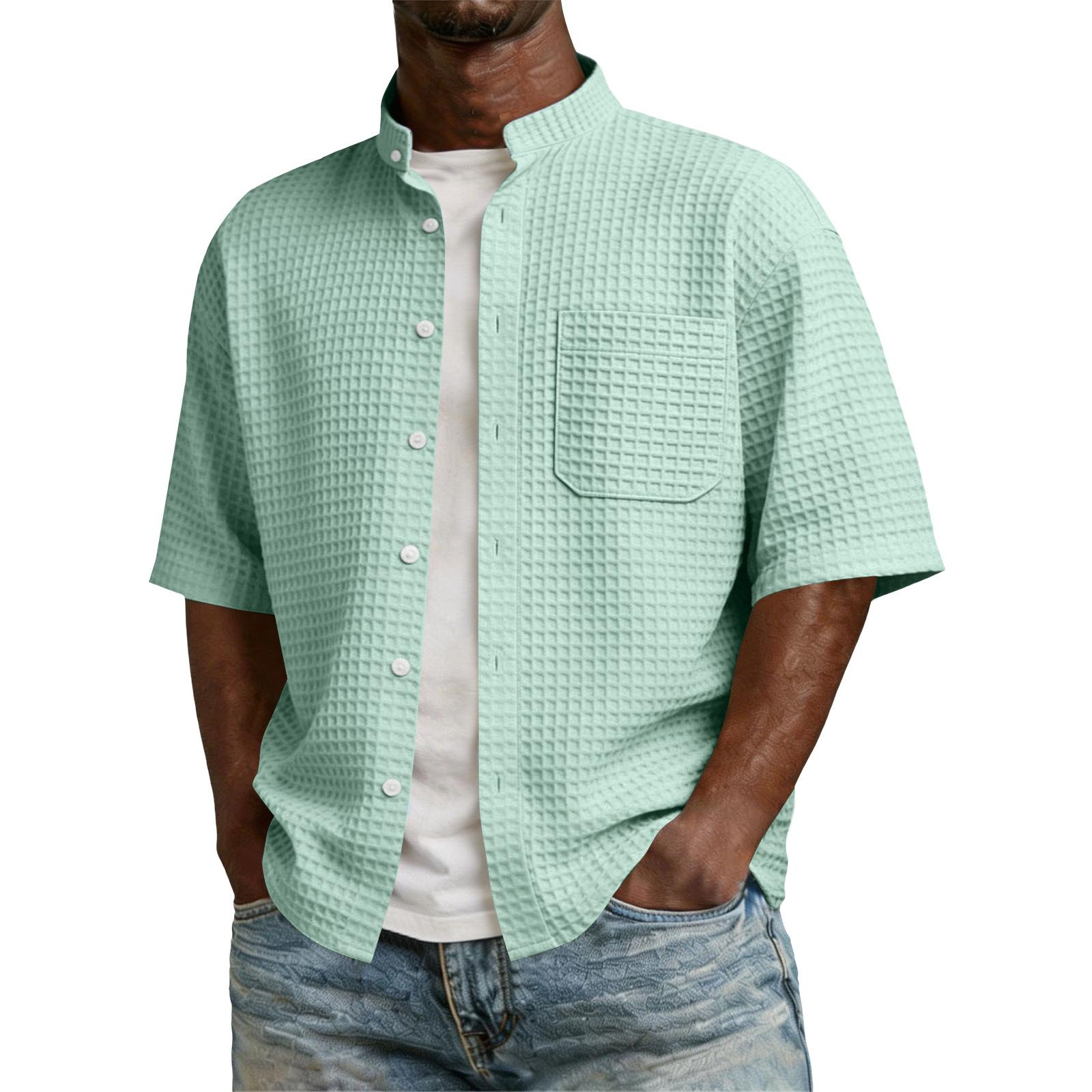 

New men s summer solid color cardigan stand-up collar T-shirt button casual sports men s short-sleeve shirt XXXL світло-зелений колір