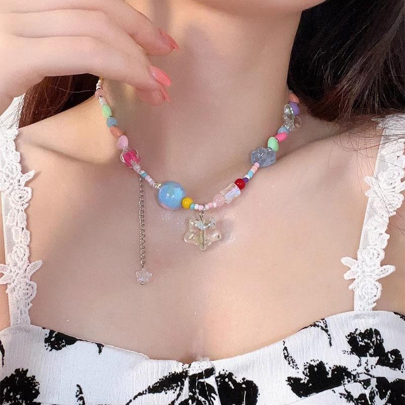 Dopamine Color Beaded Candy Star Necklace Female Sweet Cool Spice Girl Clavicle Chain New Niche Accessories