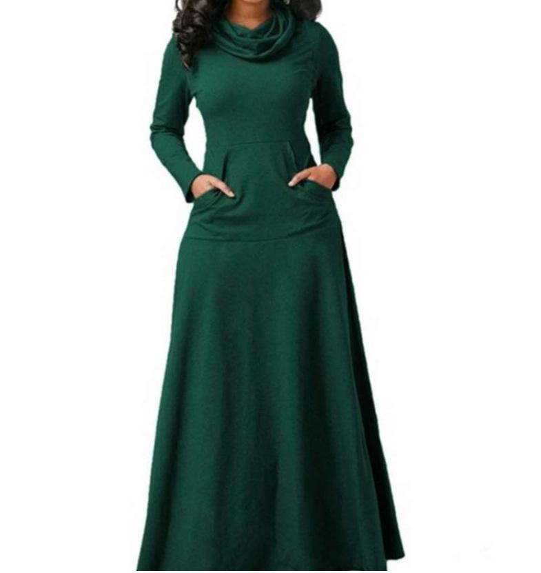 Autumn and winter solid color patchwork interface pocket neck long dress autumn and winter long dress