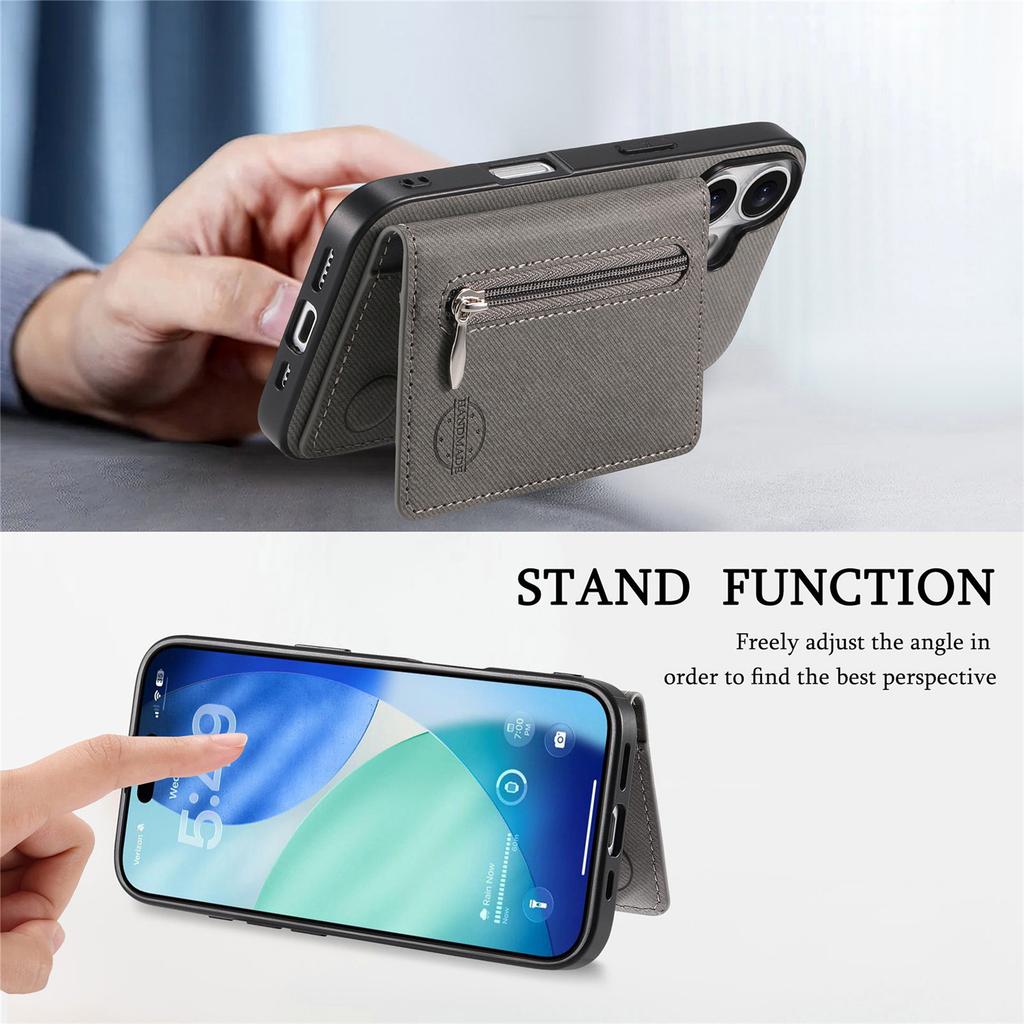 For iPhone 17 Pro Max Case Zipper Card Holder Kickstand Jeans Cloth Texture Leather Back Cover