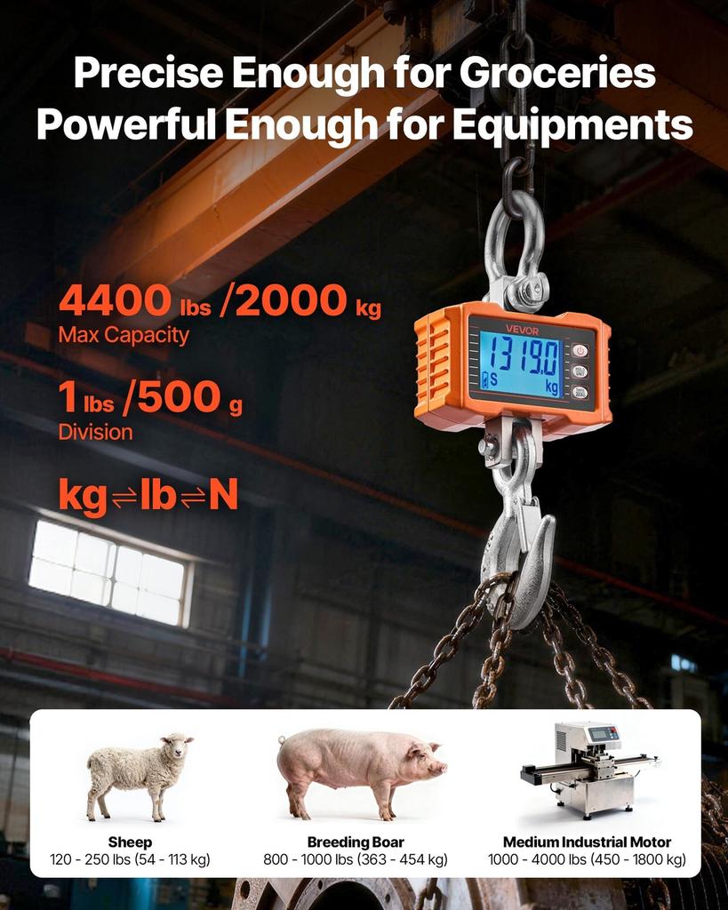 Digital Crane Scale, 4400 lbs/2000 kg Max Capacity, Heavy Duty Industrial Hanging Scale with Cast Aluminum Case & LCD Display, 500 g Division & 3 Unit