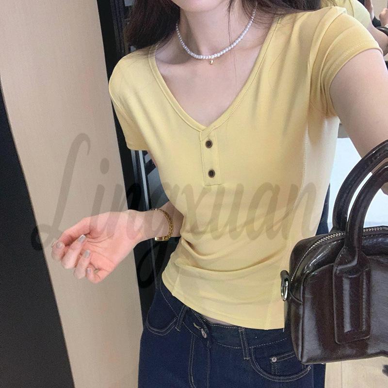 

Unique Black Slim V-Neck Buttoned Short Sleeve Women s T-Shirt – Stunning New Summer Design M