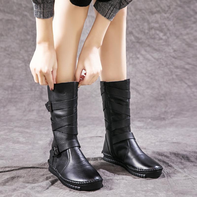 GKTINOO 2024 Women Boots Autumn Winter Shoes Soft Bottom 100% Genuine Leather Flat Mid Calf Boots Women Casual Warm Boot