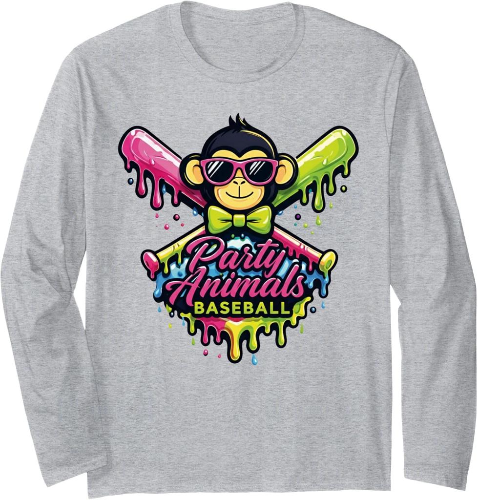 Party Animals Baseball Funny Monkey Humor Long Sleeve T-Shirt