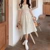Bubble sleeve splicing floral dress summer new waist fungus edge square neck short sleeve medium and long dress women's clothing