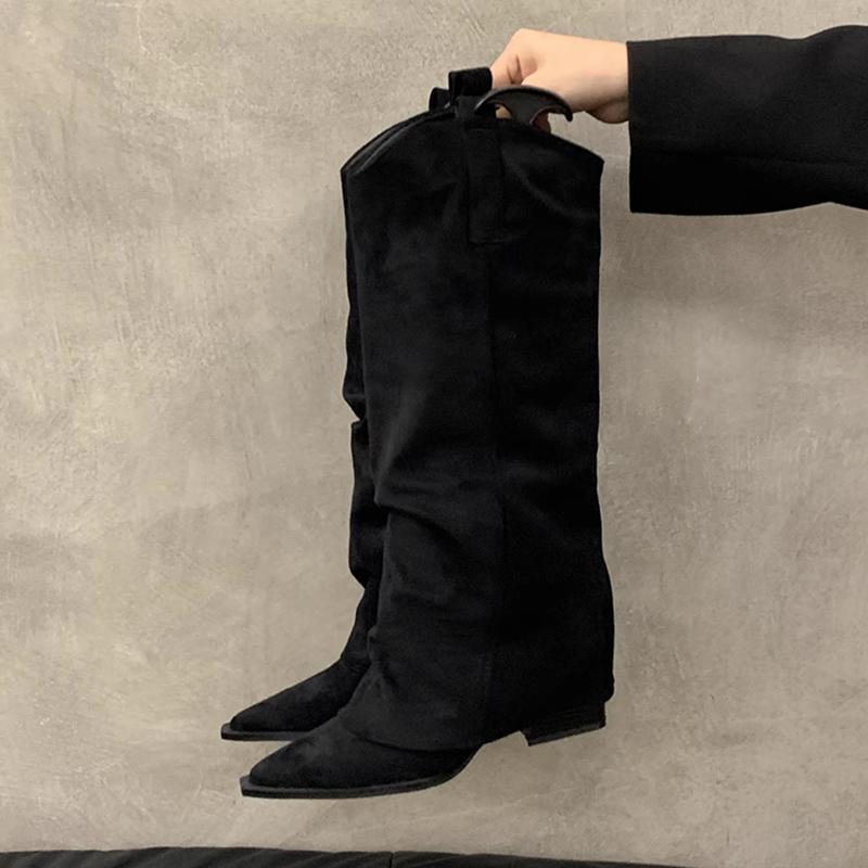 Vinter Designer Dam Knähöga Stövlar Mode Spetsig Tå Slip On Långa Stövletter Designer Tjocka Klackar Botas De Mujer