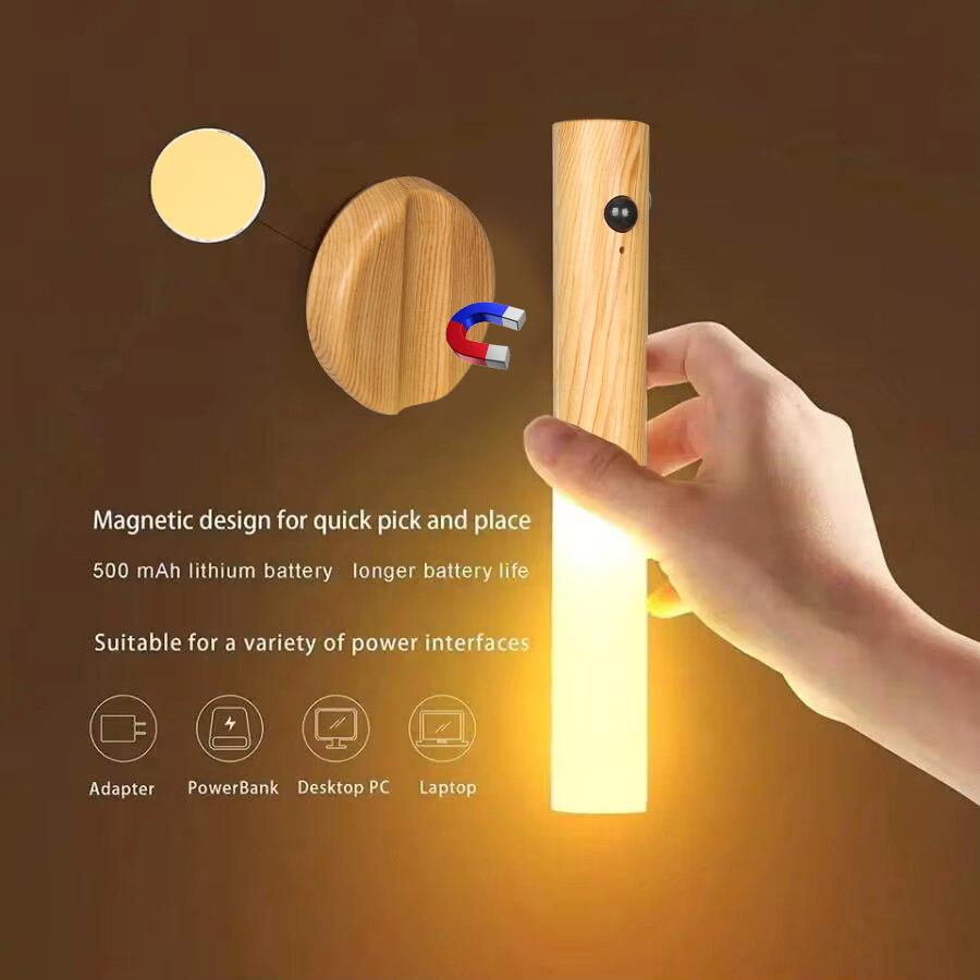 Wood Wall Lamp Kitchen Cabinet Lamp Creative Smart Automatic PIR Motion Sensor LED Charger Magnetic Night Light with Magnetism