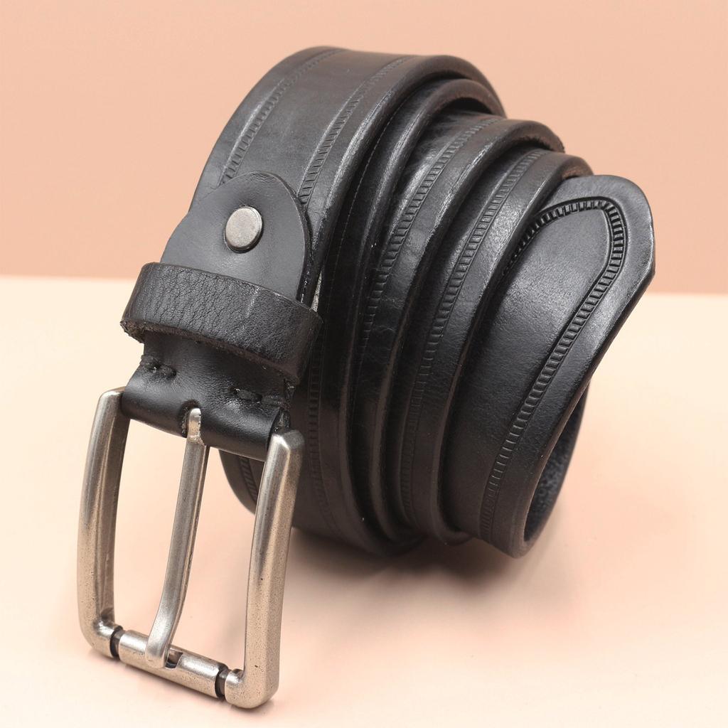 Embossed Retro Old Fashion Trendy and Personalized Cowhide Leather Belt Men's Genuine Leather Pin Buckle Jeans Belt Men's Style