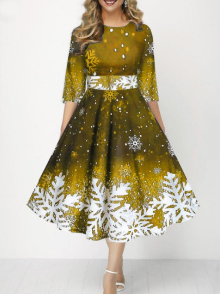 

Різдвяна жіноча мода Персоналізована сукня з талією та рукавом міді з цифровим принтом сніжинки 5XL золотий