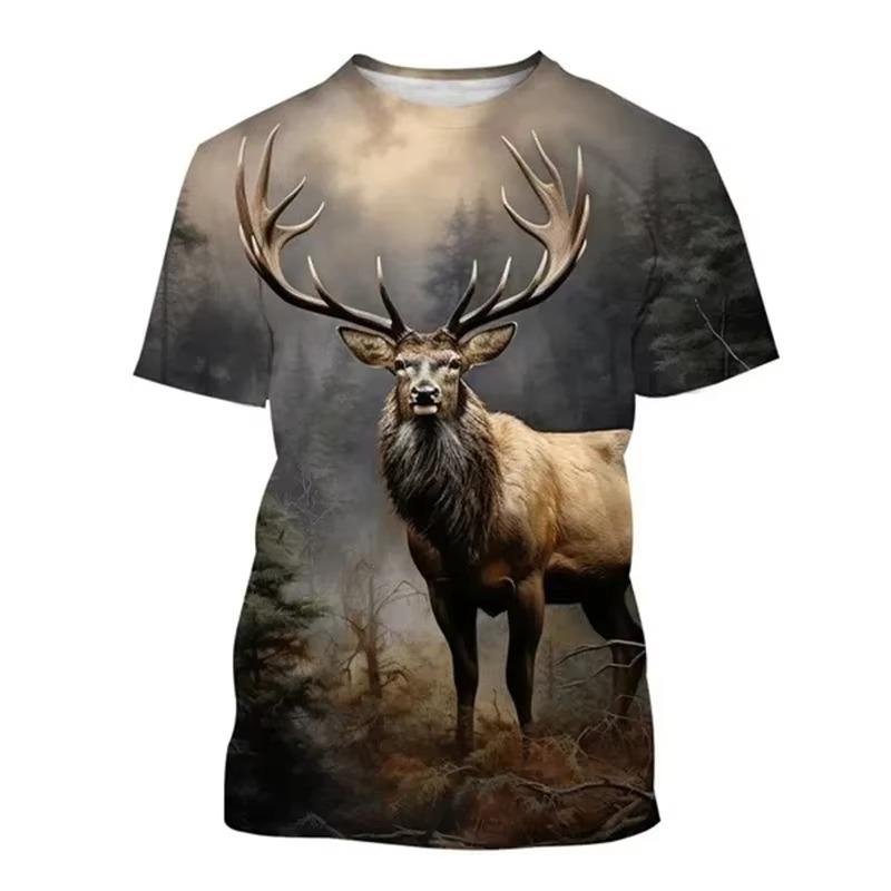 Hirsch 3D-Druck T-Shirt Lustige Tierjagd Grafik Kurzarm Rundhals T-Shirt Herren Outdoor Trend Persönlichkeit Tees
