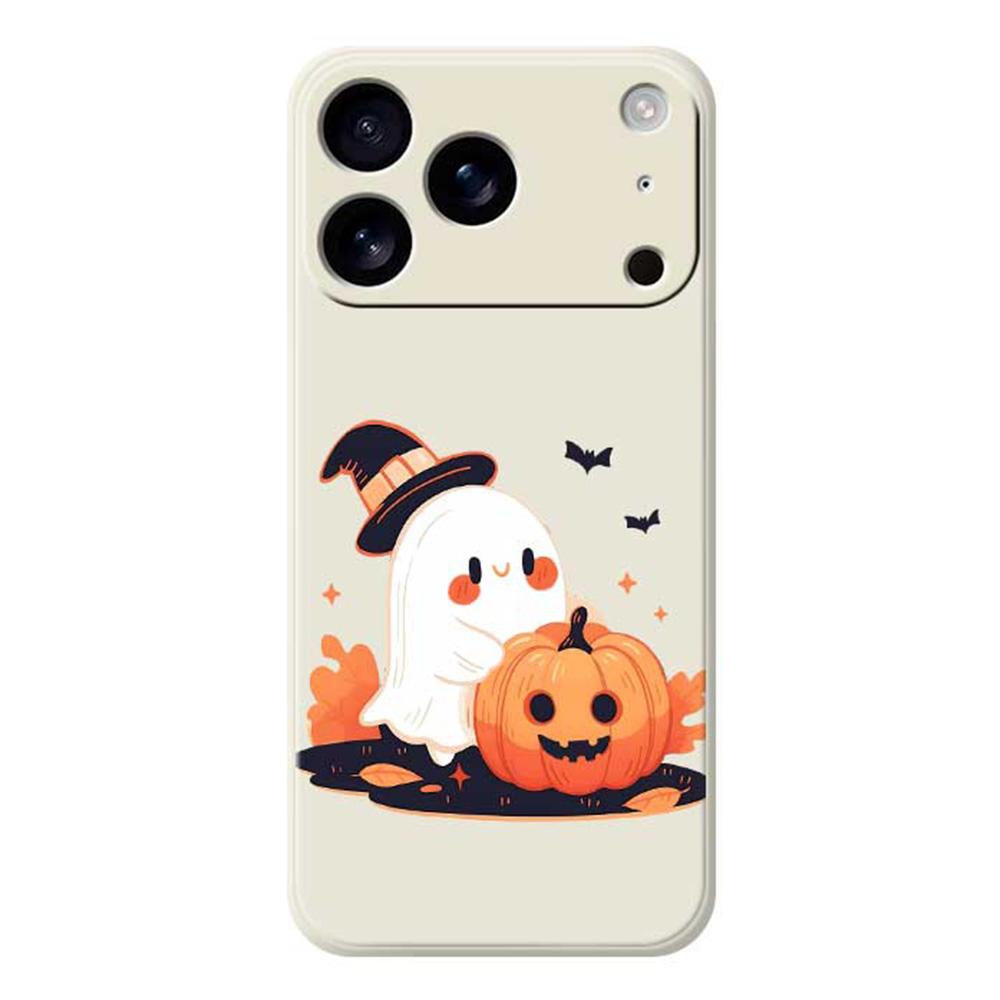 

For iPhone 17 Pro Case Halloween Ghost Pumpkin Pattern Printing Straight Edge TPU Phone Back Cover Beige