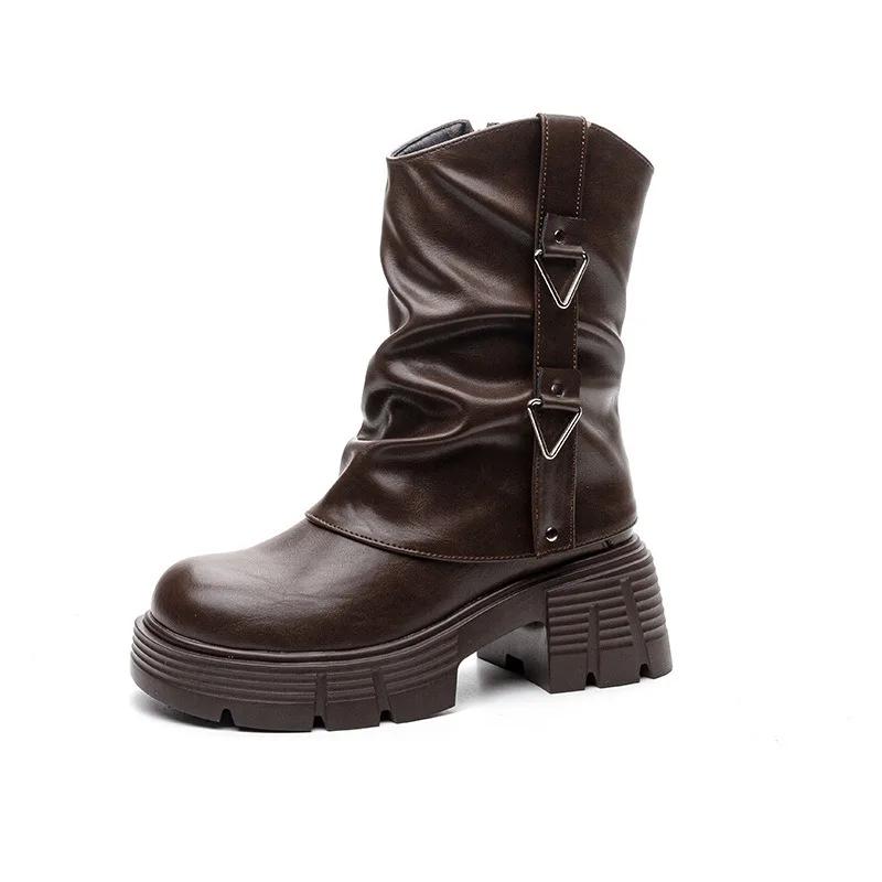 Fashion 6.5cm New Microfiber Leather Spring Round Toe Winter Plush Fashion Ladies Shoes Autumn Boots Women Ankle Booties Chimney