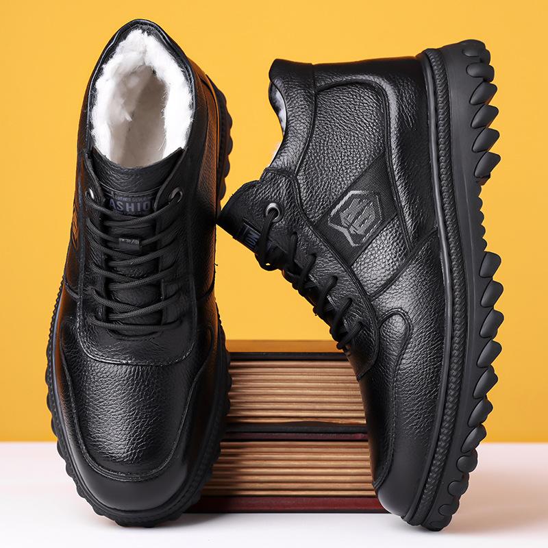 Men'S First-Layer Cowhide Cotton Shoes Winter Thickened Velvet Business Casual Shoes Fashion Thick-Soled Adult Warm Cotton Shoes