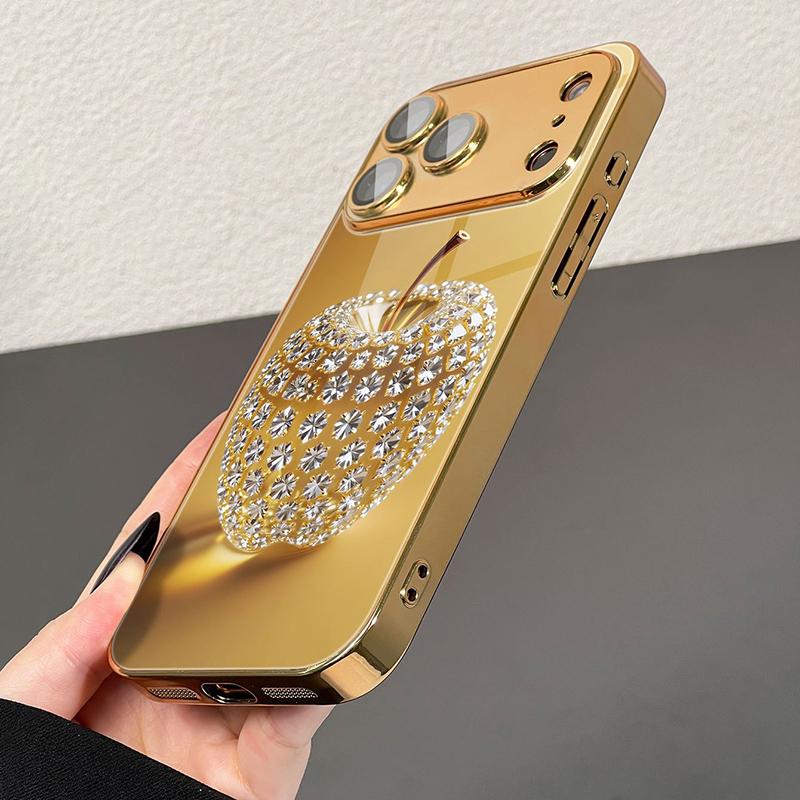 Diamond Gold Apple Pattern Gold Metallic Paint Glass Phone Case For iPhone 17 Pro Max 11 12 13 14 15 16 Plus 17 Air 16E Cover