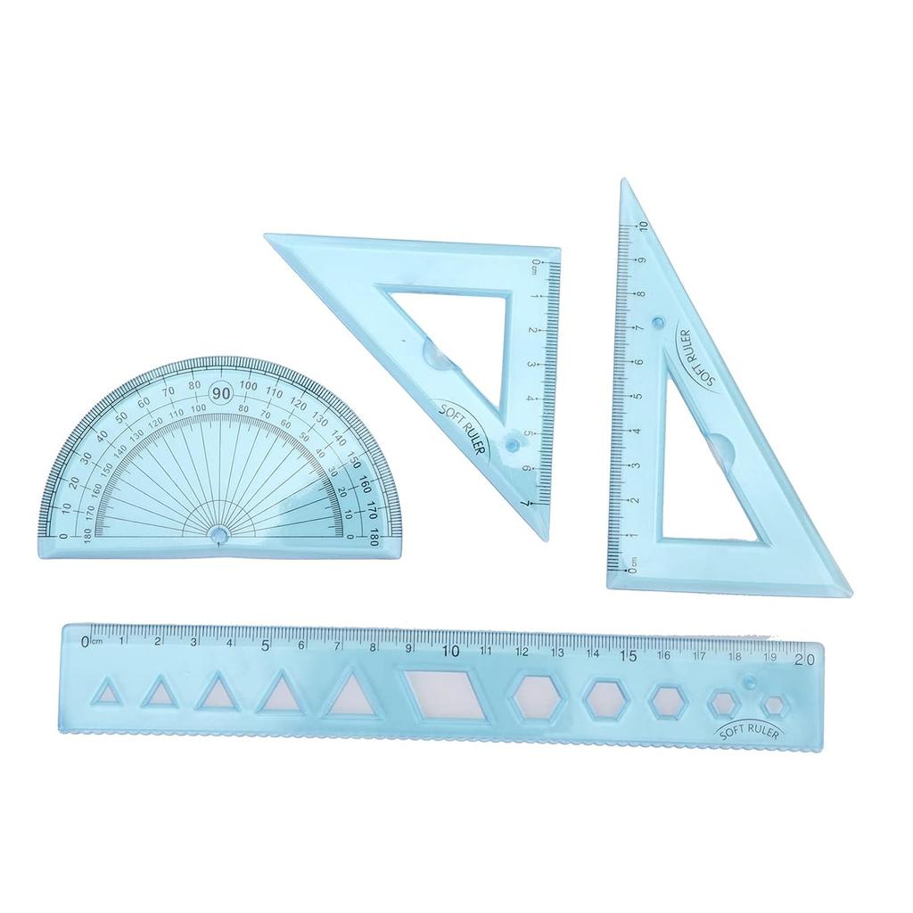 4 Pieces Math Geometry Tool Set Kids Transparent Angle Length Measuring Tools Geometry Set for Kids, Includes Plastic Clear Ruler, Protractor,