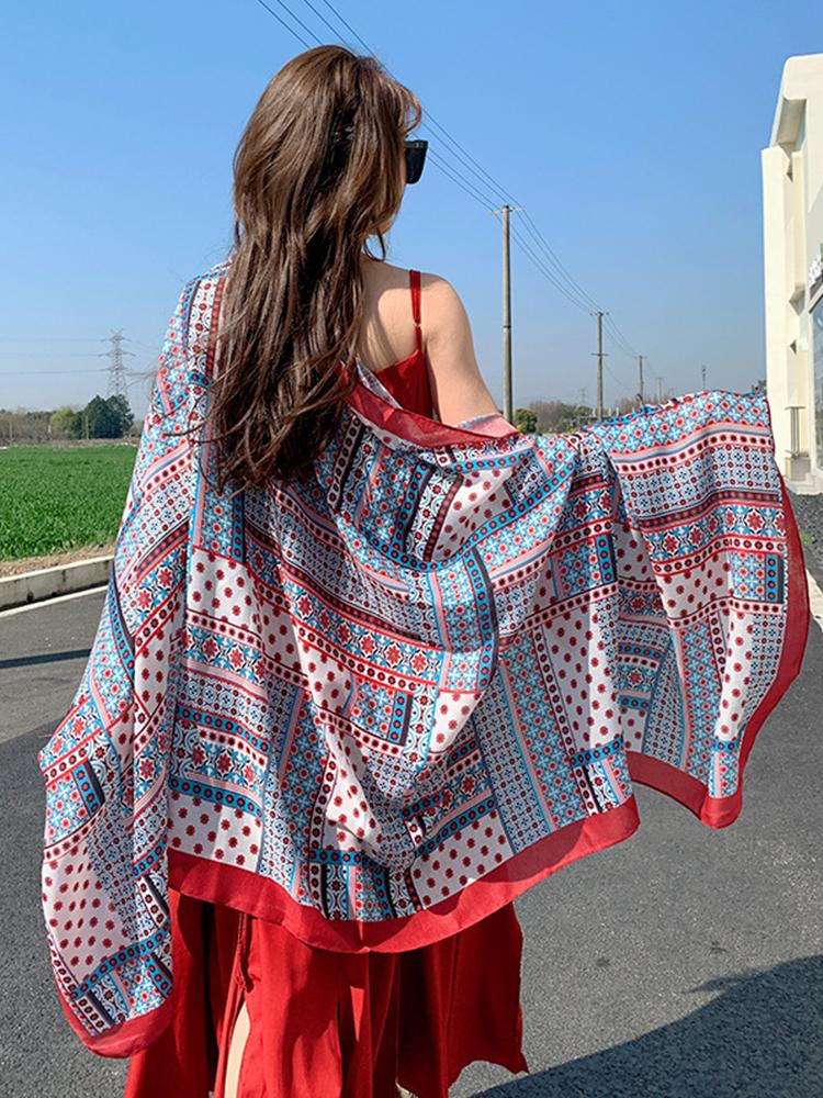 New Summer Elegant Women Silk Scarf Beach Long Wrap Shawls Vintage Lady Sunscreen Bandana Hijab Mujer Scarve Boho Pareo Foulard