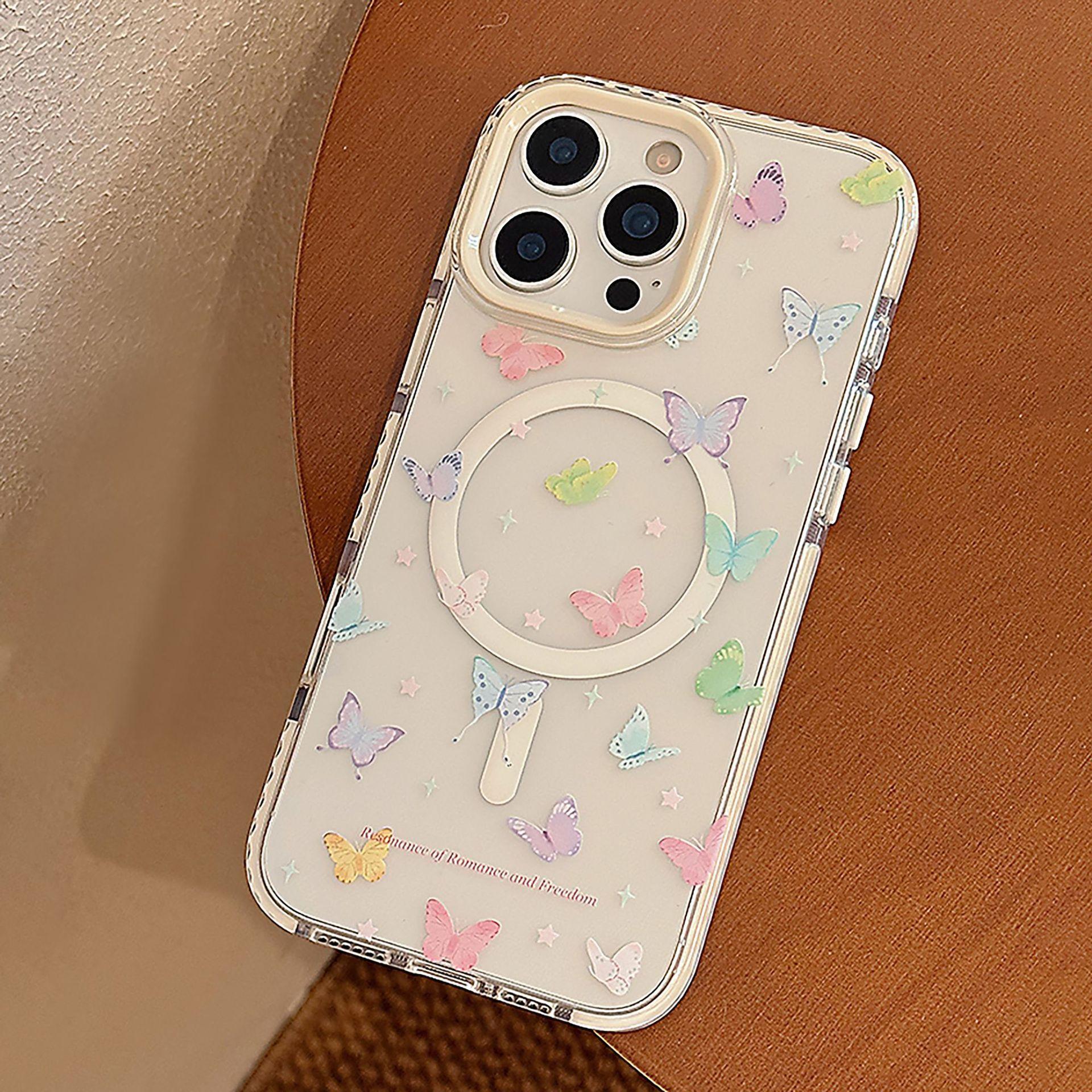 

Свежий Цветной Бабочка 17promax Прозрачный для IPhone 15 Чехол для 13 Вращающийся Магнитный Держатель 14 Блестящий Порошок 17promax