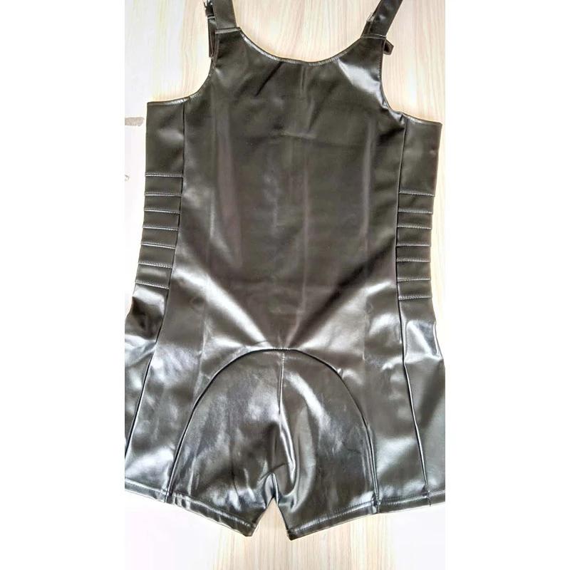 Men's Sexy Black Faux Leather Bodysuits One Pieces Tight Zipper Camisole Vest Clubwear Nightclub Stage Show Men Bodysuits