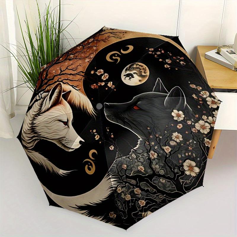 1pc Wolf Moon Compact Travel Umbrella, Automatic Folding Lightweight Windproof 8-Bone Reinforced Design, Portable for Backpack Durable Canop