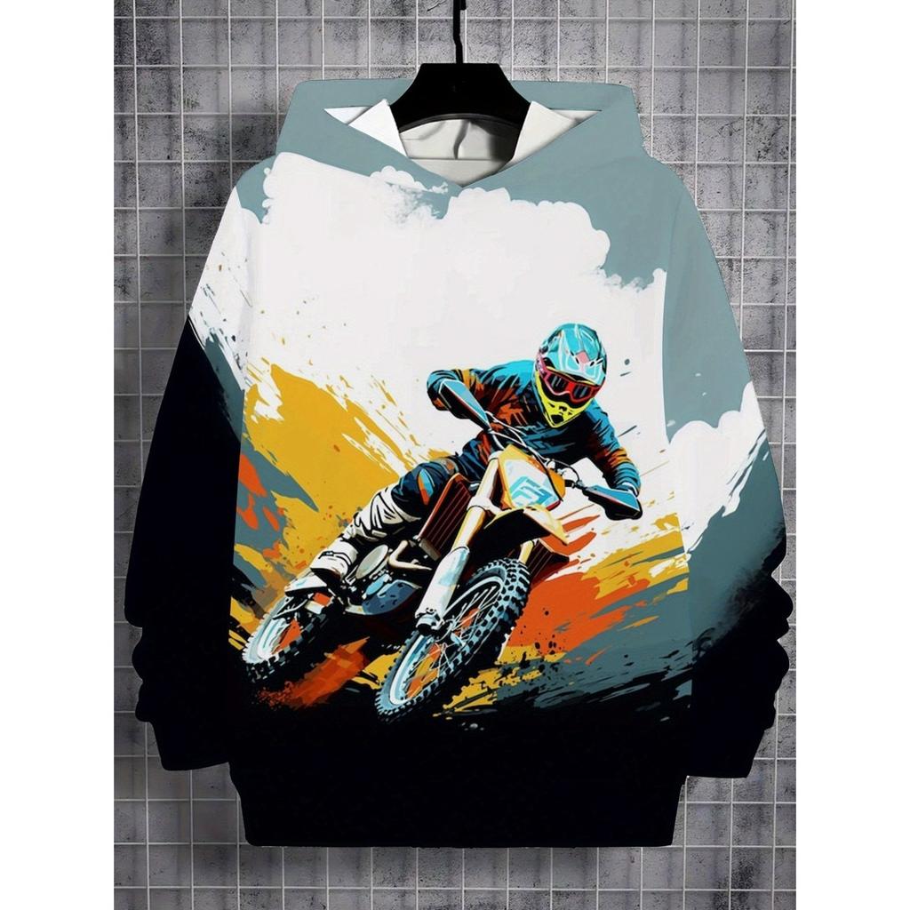 Boys' Motorcycle Hoodie, Ideal Gift for Young Riders, Dynamic Print Design, Sports Enthusiasts