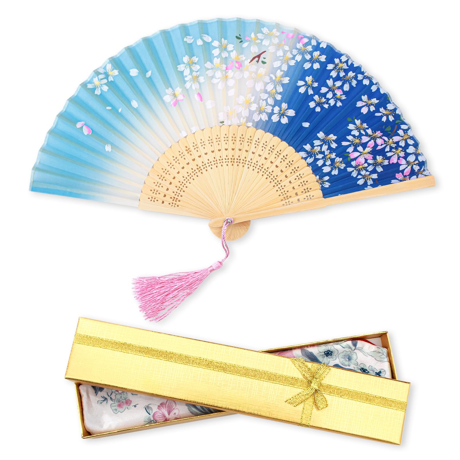 

Folding Fan for Women and Japanese Silk Folding Flower Design Perfect for Fireworks Japanese Comes with Fan Pouch and Gift Blue Cherry Blossom