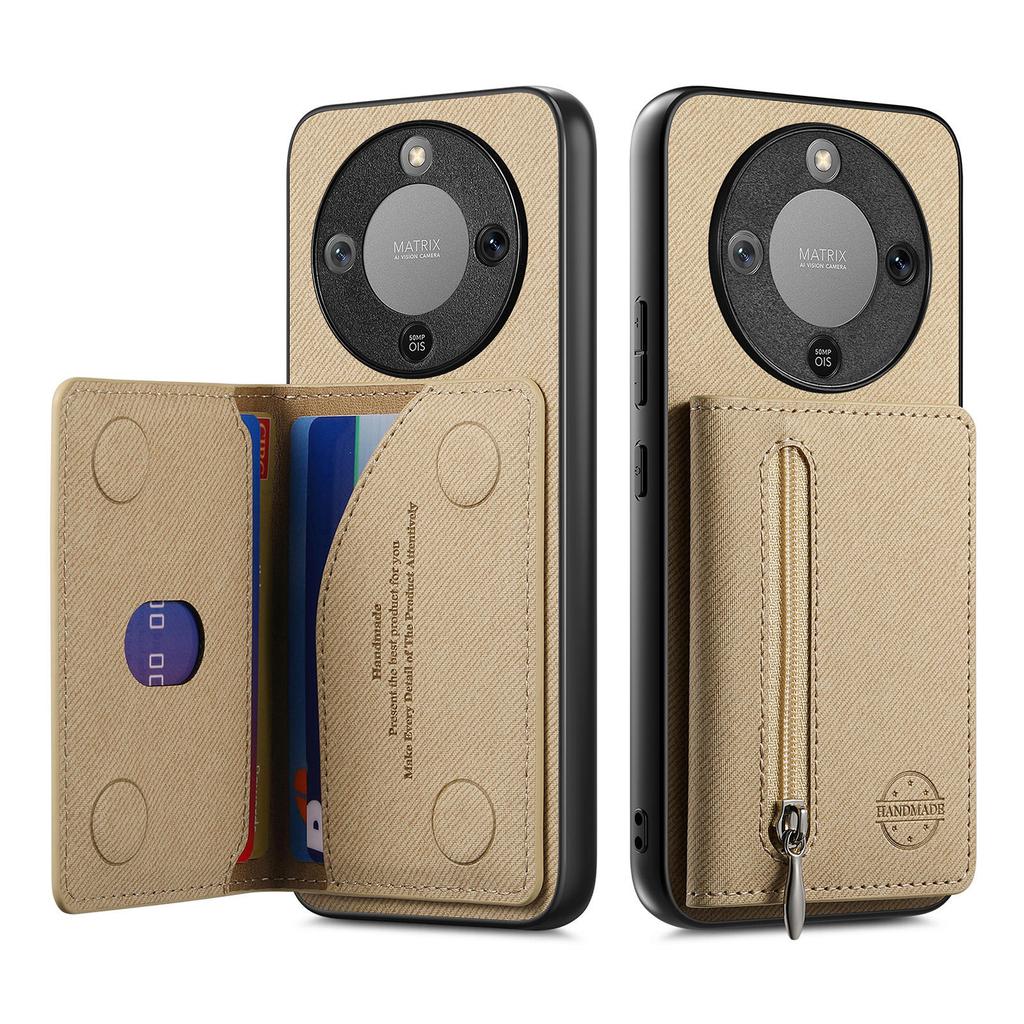 Phone Case For Honor Magic8 Lite 5G / X9d 5G / X70 5G Zipper Card Holder Kickstand Jeans Cloth Texture Leather Back Cover