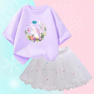 Summer Girls Fashion Outfits Clothes Cute Unicorn T Shirt & Tutu Mesh Skirt Two Piece Pretty Girls Clothing Set Girl 2-12Y