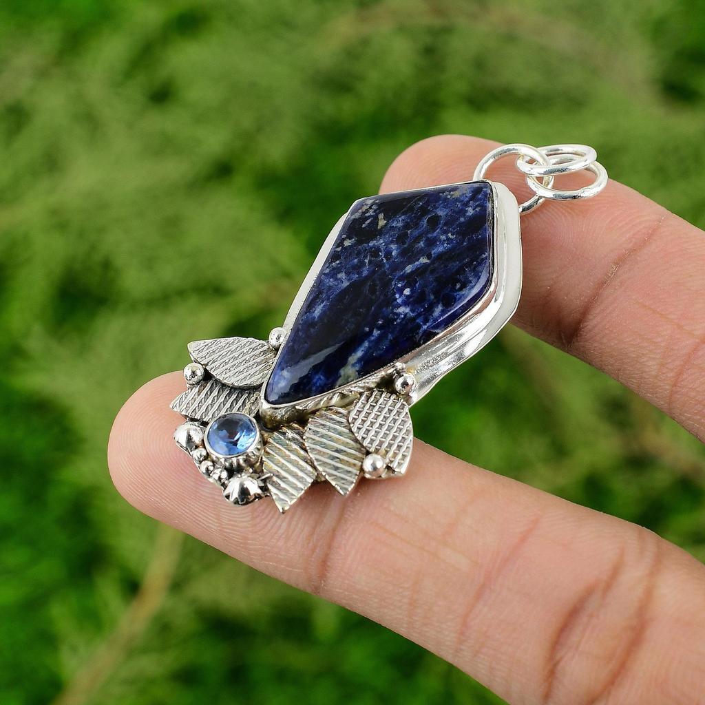 Daughters Day Sale 925 Silver Natural Sodalite Tanzanite Quartz Pendant Jewelry