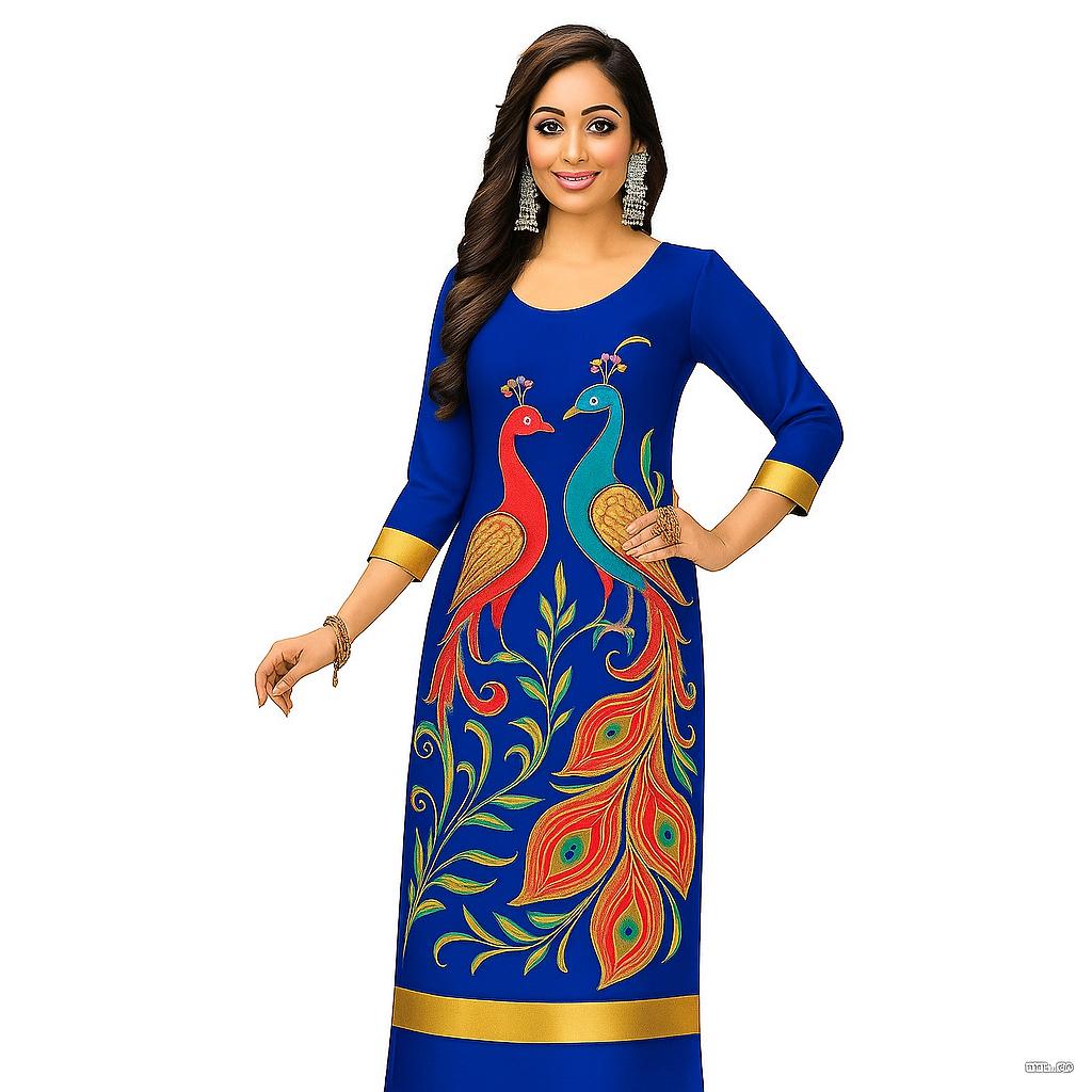 Muslim skirt, peacock print, round neck kurta, Morandi color, long skirt, suitable for holiday date, Eid festival, festival essential