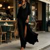Damen One-Shoulder Maxikleid mit hohem Schlitz Langarm Locker Fließend Strand Sommerkleid Lässig Reise Urlaub Gestricktes Langes Kleid