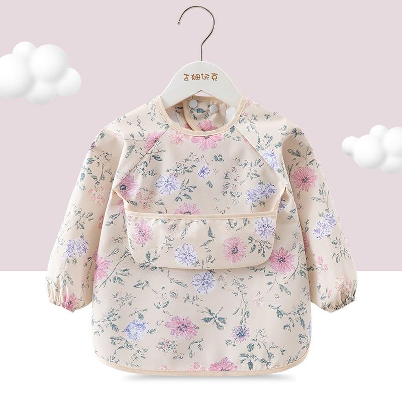 1PC Child Feeding Bib Waterproof Long Sleeve Apron Rice Pocket Feeding Blouse Toddler Bibs Children's Summer Thin Feeding Smock