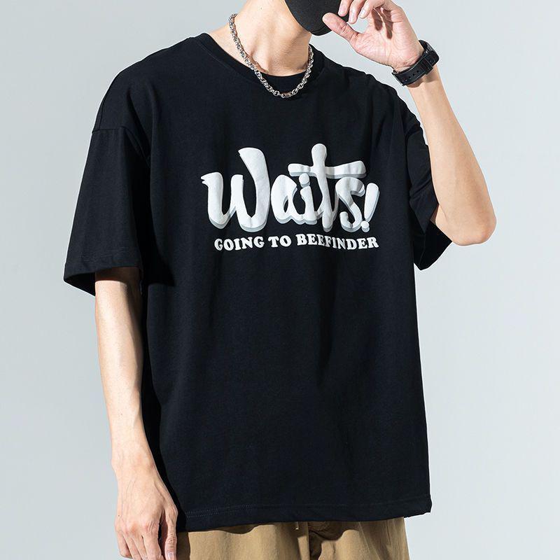 

Мужская футболка из чистого хлопка с короткими рукавами и круглым вырезом с короткими рукавами, повседневная свободная футболка, мужской пуловер в стиле хип-хоп, рубашка 3XL чёрный