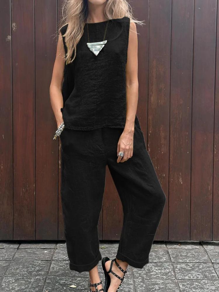 Sommer-Outfits aus Baumwolle und Leinen, zweiteilig, ärmellos, O-Ausschnitt, Hemden, Tops und Hosen