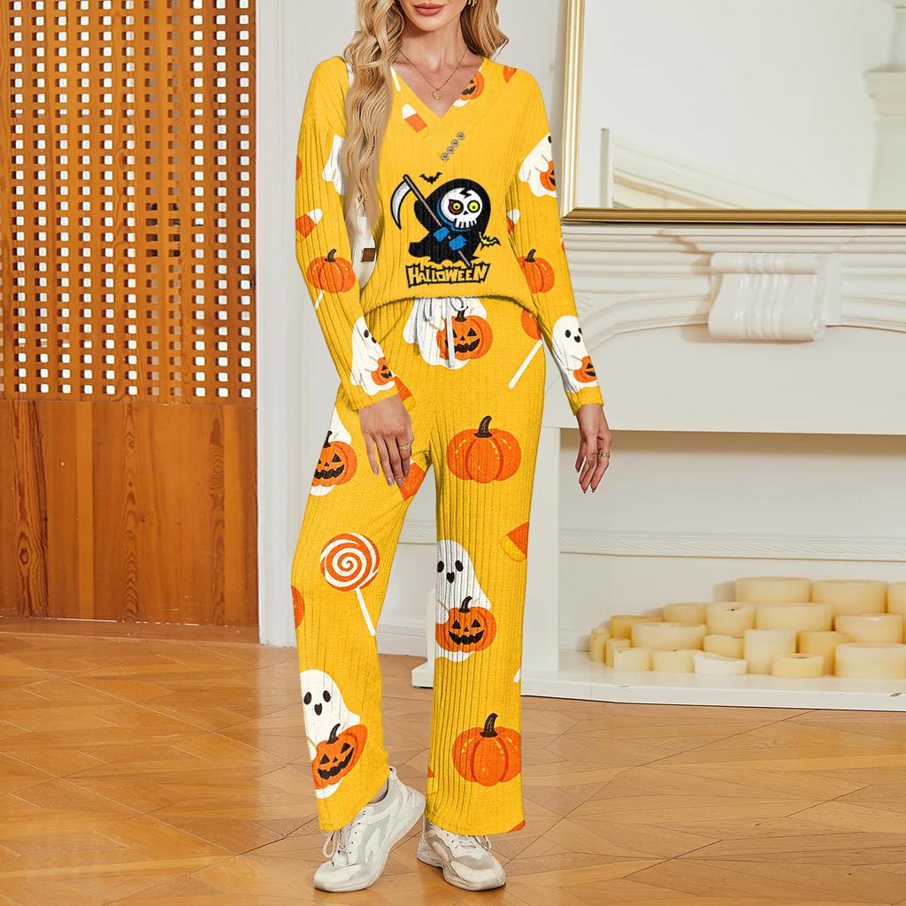 Women's Halloween Print Long Sleeve V-Neck Loose Fit Pajama Set with Pockets