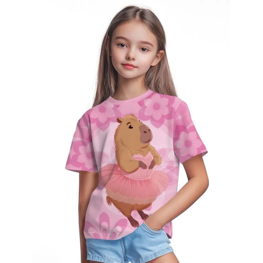 Summer T-Shirts for Girls Fashion Capybara Kids Clothes Girls Clothes Cute Cartoon Print Girl Tees Tops Child T-Shirt