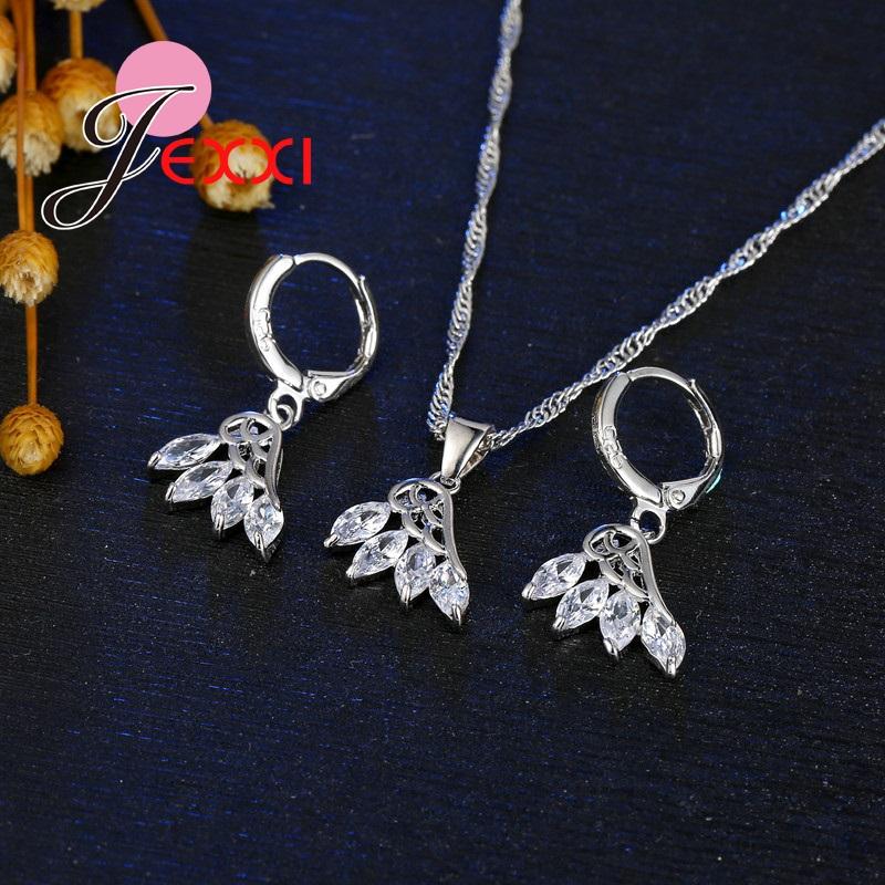 Pretty Angel Wings Shaped 925 Sterling Silver Jewelry Sets Crystal Pendant Chain/Necklace/Earrings For Women Fine Jewelry