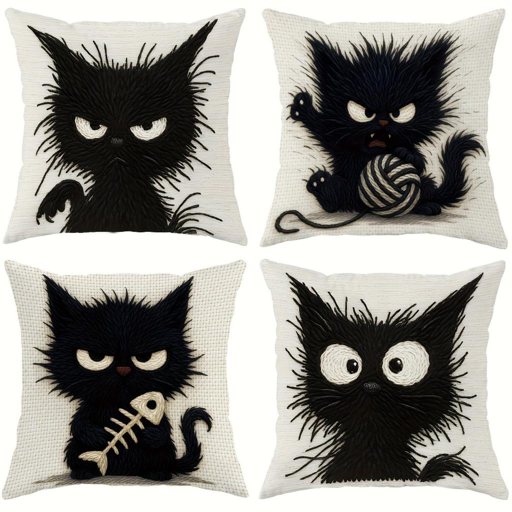 4pcs Cushion Cover Cute Black Mao Mao Cat Printed Washable Cushion Cover Halloween Themed Party Living Room Bedroom Decoration