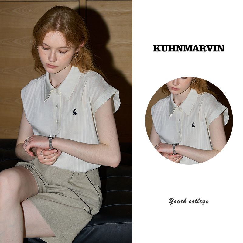 

Kuenmawei Gao Zhi Elite Embroider Stripes Shirt Tops Women s Early Autumn New Arrival Commuter Long Sleeve Shirt 2025 Creamy-white short sleeve K33699 S